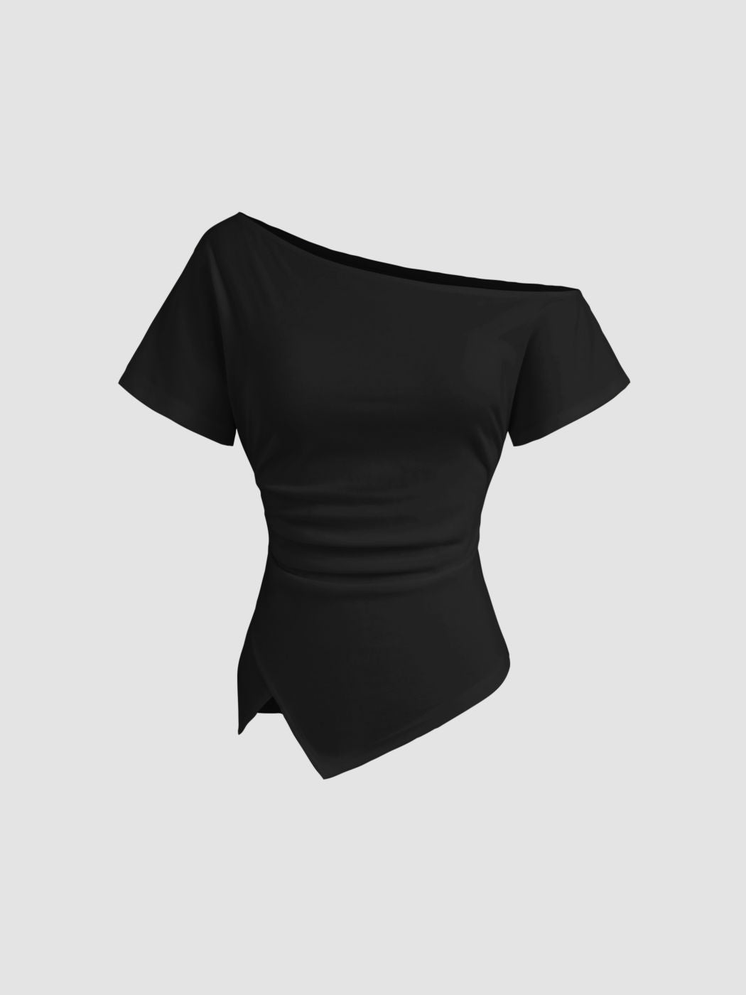 Cotton-blend Asymmetrical Neck Ruched Tee