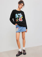 Wool-blend Round Neckline Butterfly Mushroom Applique Knitted Sweater