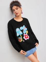 Wool-blend Round Neckline Butterfly Mushroom Applique Knitted Sweater
