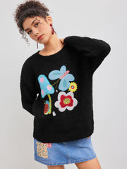 Wool-blend Round Neckline Butterfly Mushroom Applique Knitted Sweater