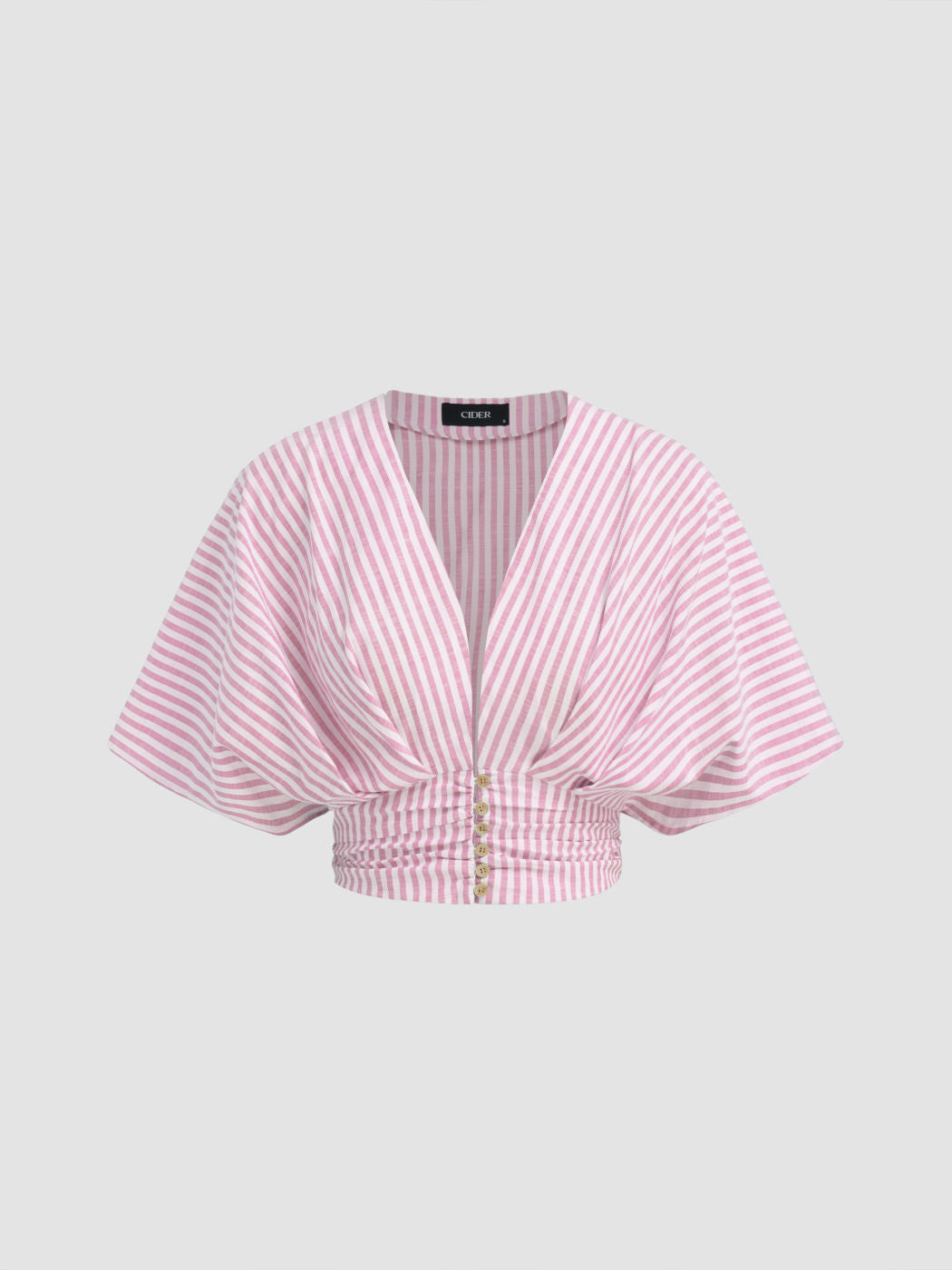 Cotton-blend V-neck Stripe Ruched Dolman Sleeve Shirt