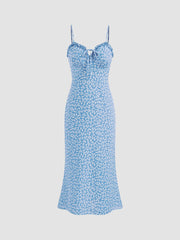 V-neck Floral Ditsy Lettuce Trim Knotted Midi Dress