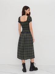 Square Neck Plaid Lettuce Trim Shirred Knotted Maxi Dress
