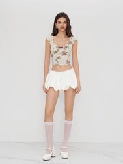 Mesh V-neck Floral Bow Lace Tee