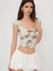Mesh V-neck Floral Bow Lace Tee