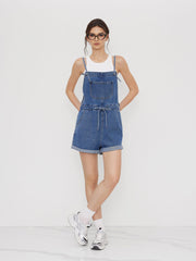Denim Drawstring Knotted Roll Hem Romper