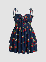 Woven Floral Ruffle Hem Knotted Layered Mini Dress Curve & Plus