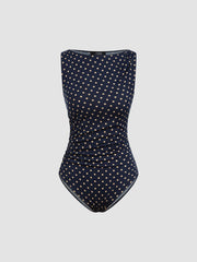 Boat Neck Polka Dot Ruched Bodysuit