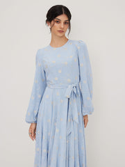 Round Neckline Crochet Floral Ruffle Maxi Dress With Scarf