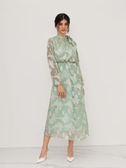 Stand Collar Floral Knotted Cinched Waist Maxi Dress