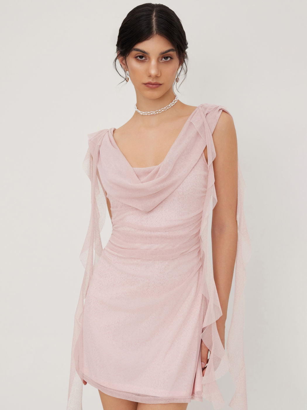 Mesh Cowl Neck Solid Ruffle Hem Ruched Mini Dress