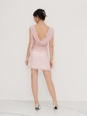 Mesh Cowl Neck Solid Ruffle Hem Ruched Mini Dress