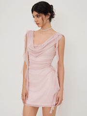 Mesh Cowl Neck Solid Ruffle Hem Ruched Mini Dress