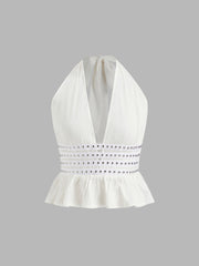 Halter Neckline Rivet Ruffle Hem Crop Tank Top