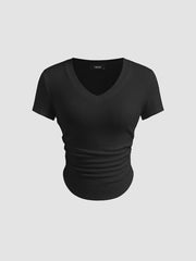 Cotton-blend V-neck Ruched Curve Hem Baby Tee