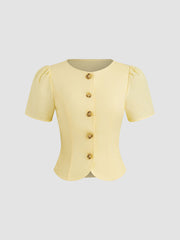 Ramie-blend Button Short Sleeve Blouse