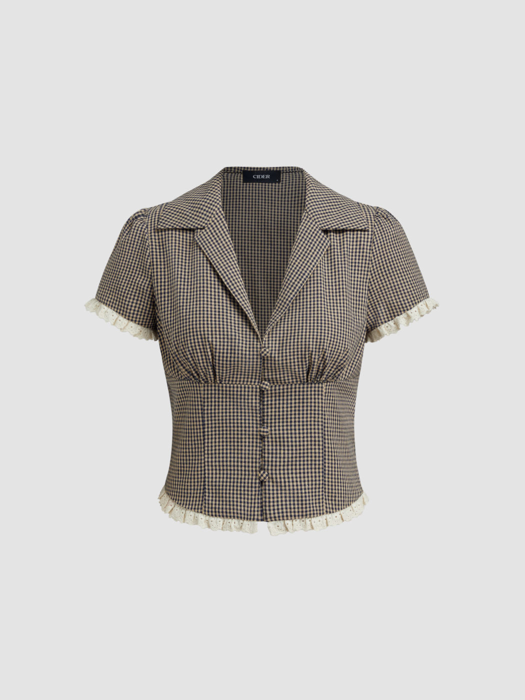 Cotton-blend V-neck Gingham Lettuce Trim Broderie Anglaise Blouse
