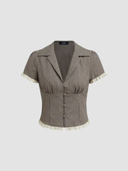 Cotton-blend V-neck Gingham Lettuce Trim Broderie Anglaise Blouse