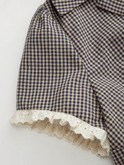 Cotton-blend V-neck Gingham Lettuce Trim Broderie Anglaise Blouse