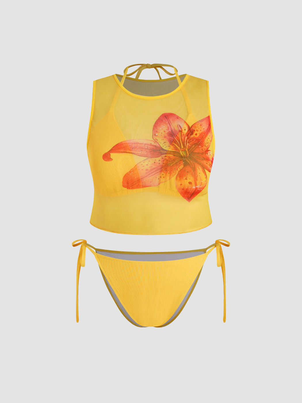 Knotted Triangle Tie Side Bikini Set & Flower Cover Up Top Curve & Plus