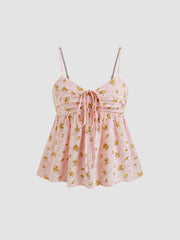 Jacquard Sweetheart Ditsy Floral Ruffle Hem Shirred Cami Top