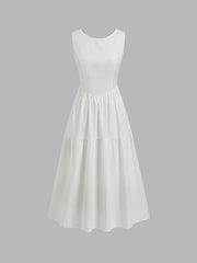 Cotton Round Neckline Drawstring Cut Out Midi Dress