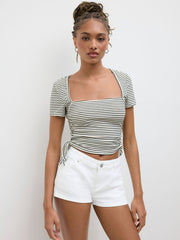 Square Neck Stripe Drawstring Ruched Crop Tee