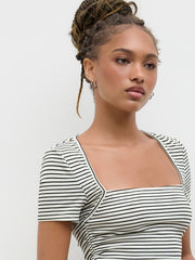 Square Neck Stripe Drawstring Ruched Crop Tee