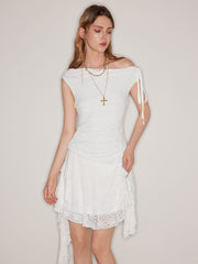 Lace Asymmetrical Neck Ruffle Ruched Knotted Mini Dress