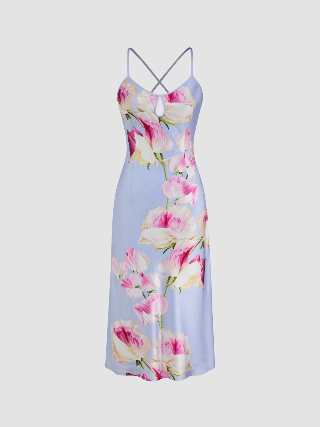 Satin Scoop Neckline Criss Cross Floral Midi Dress