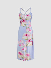Satin Scoop Neckline Criss Cross Floral Midi Dress