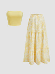 Solid Crop Tube Top & Mid Rise Floral Ruffle Tiered Maxi Skirt Set