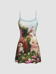Cotton-blend U-neckline Rabbit & Floral Graphic Bowknot Lace Trim Mini Dress