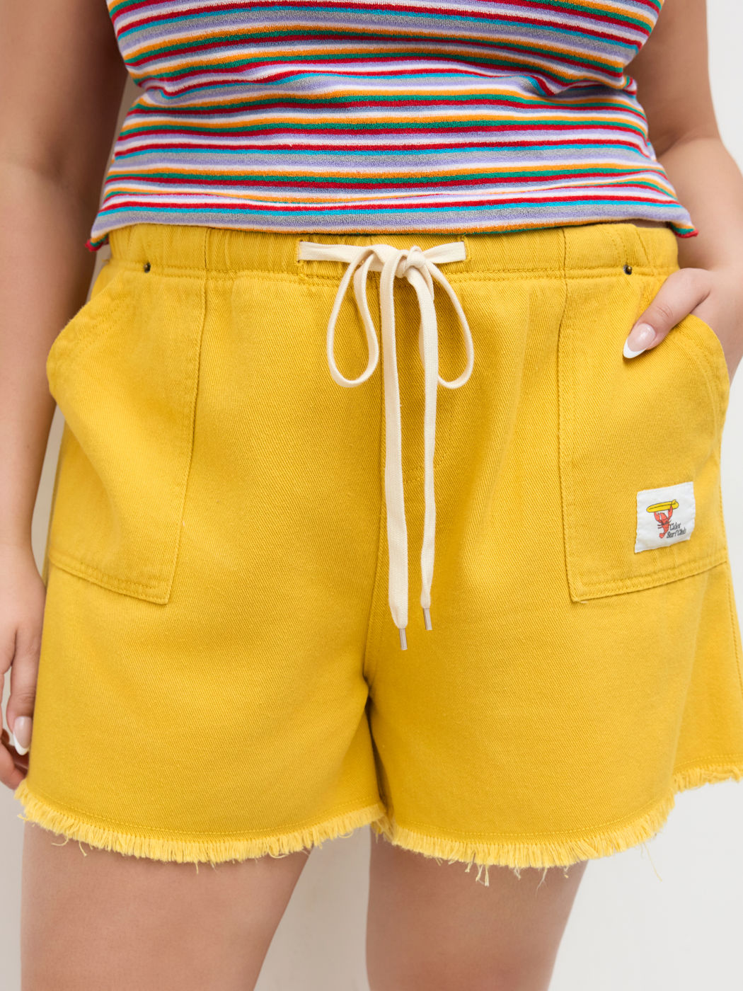 Denim Mid Rise Drawstring Raw Hem Micro Shorts Curve & Plus