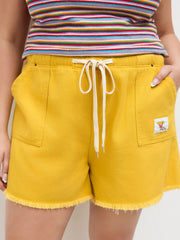 Denim Mid Rise Drawstring Raw Hem Micro Shorts Curve & Plus