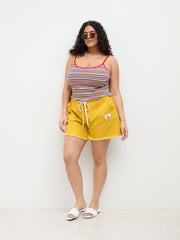 Denim Mid Rise Drawstring Raw Hem Micro Shorts Curve & Plus