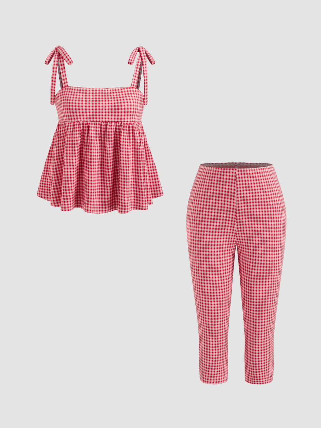 Gingham Ruffle Hem Knotted Cami Top With Low Rise Split Legging Capri Trousers Set