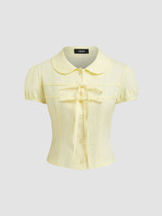 100% Cotton Peter Pan Collar Bowknot Puff Sleeve Blouse