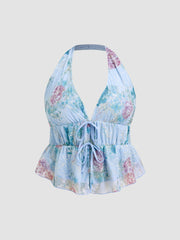 Halter Neckline Floral Knotted Tank Top Curve & Plus