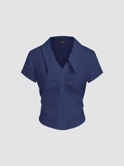 100% Cotton Polo V-neck Ruched Short Sleeve Shirt
