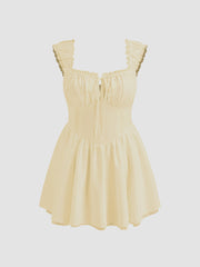 Satin Square Neck Lettuce Trim Ruffle Hem Knotted Mini Dress Curve & Plus