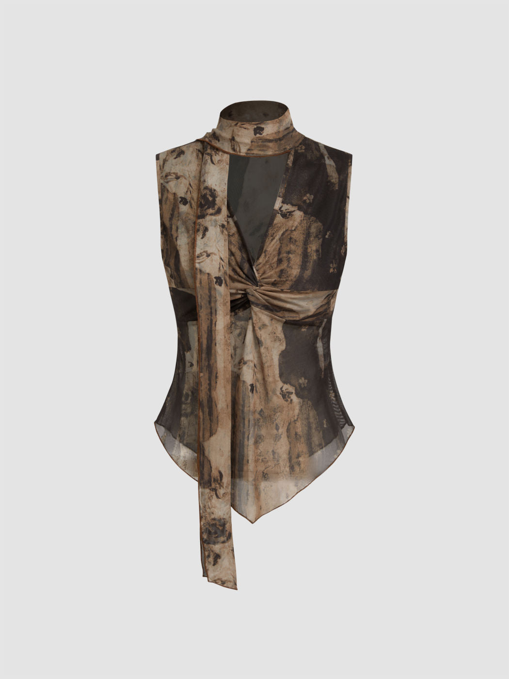 Mesh Floral Twist Lettuce Trim Tank Top With Scarf