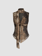 Mesh Floral Twist Lettuce Trim Tank Top With Scarf