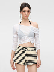 Cotton-blend Mid Rise Stripe Bowknot Micro Shorts