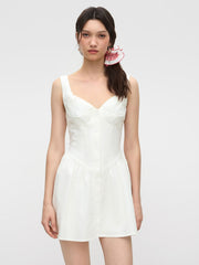 Linen-blend Sweetheart Neckline Button Ruffle Mini Dress