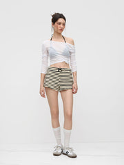 Cotton-blend Mid Rise Stripe Bowknot Micro Shorts