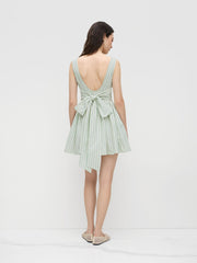 Boat Neck Stripe Backless Knotted Pocket Ruffle Mini Dress