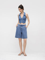 Denim V-neck Solid Button Halter Crop Top