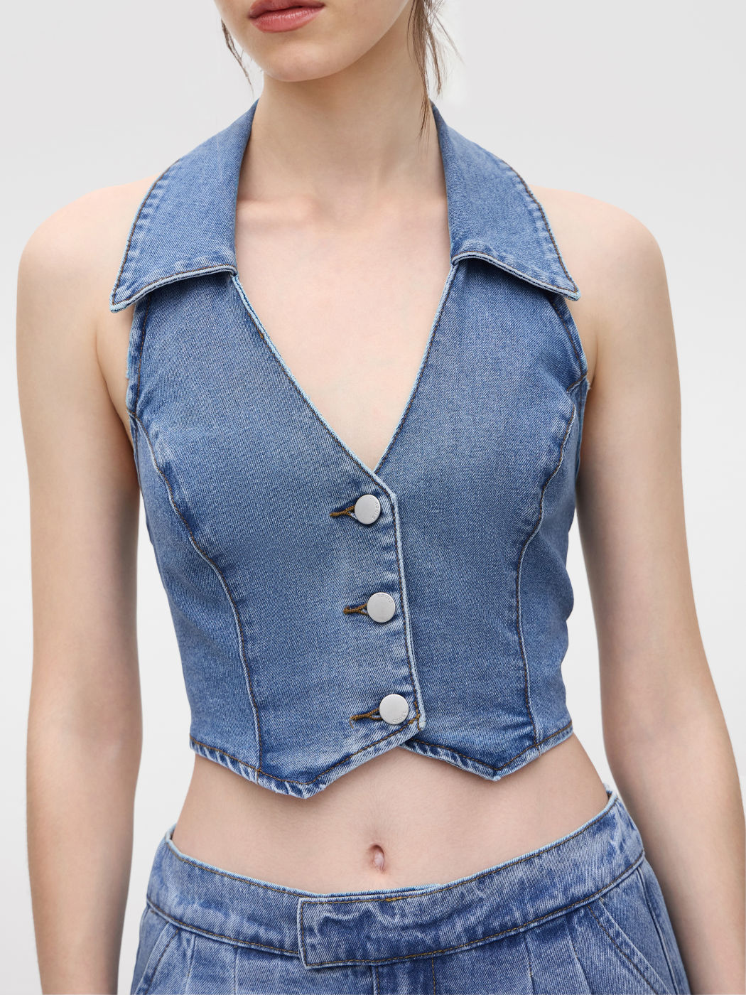 Denim V-neck Solid Button Halter Crop Top