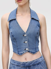 Denim V-neck Solid Button Halter Crop Top